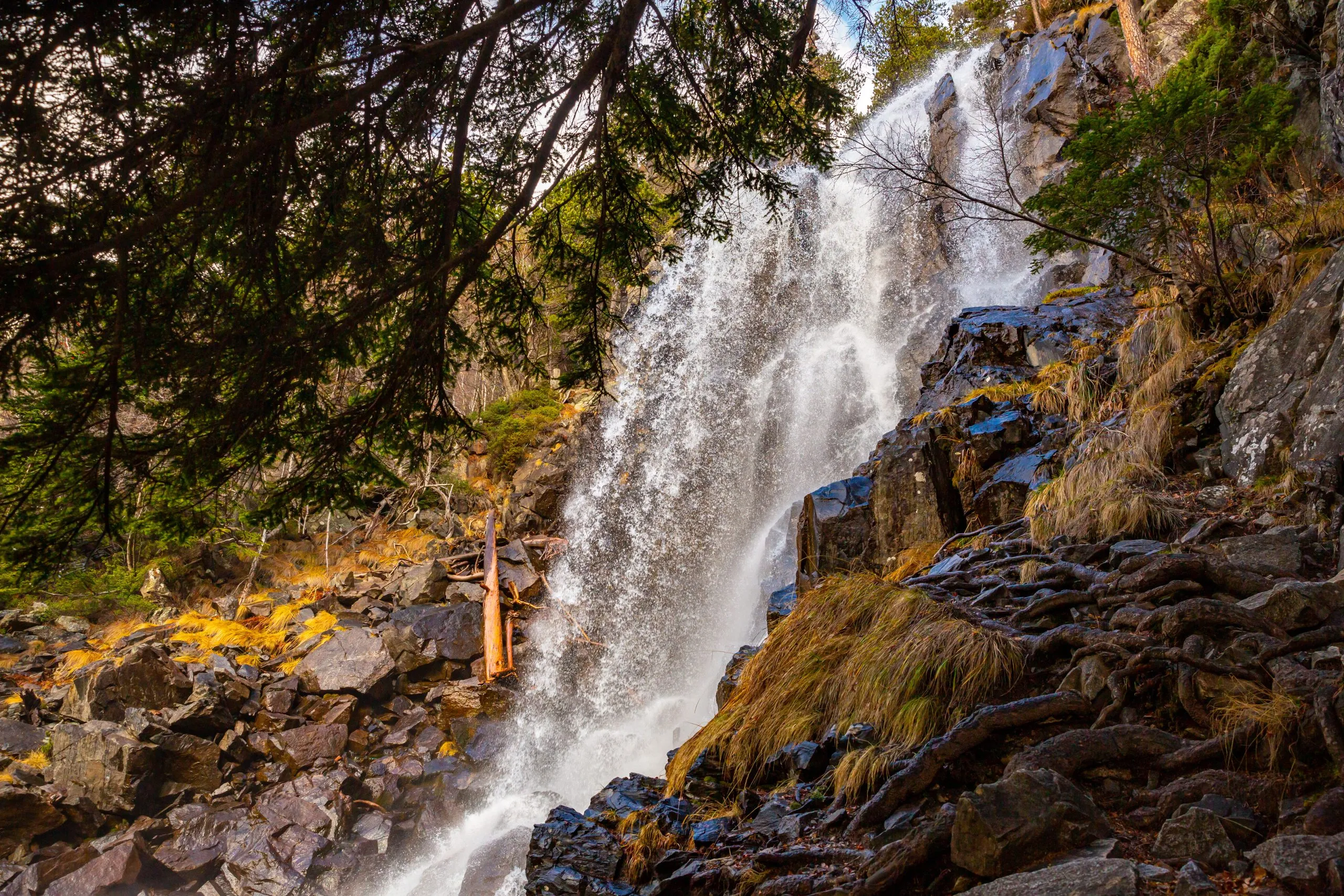 Cascada (vattenfall) de Ratera, ovanför sjön Sant Maurici, sedd från leden till Refugi d'Amitges, nationalparken Aiquestortes i Estany de Sant Maurici, Pyrenéerna, byn Espot, Katalonien, Spanien