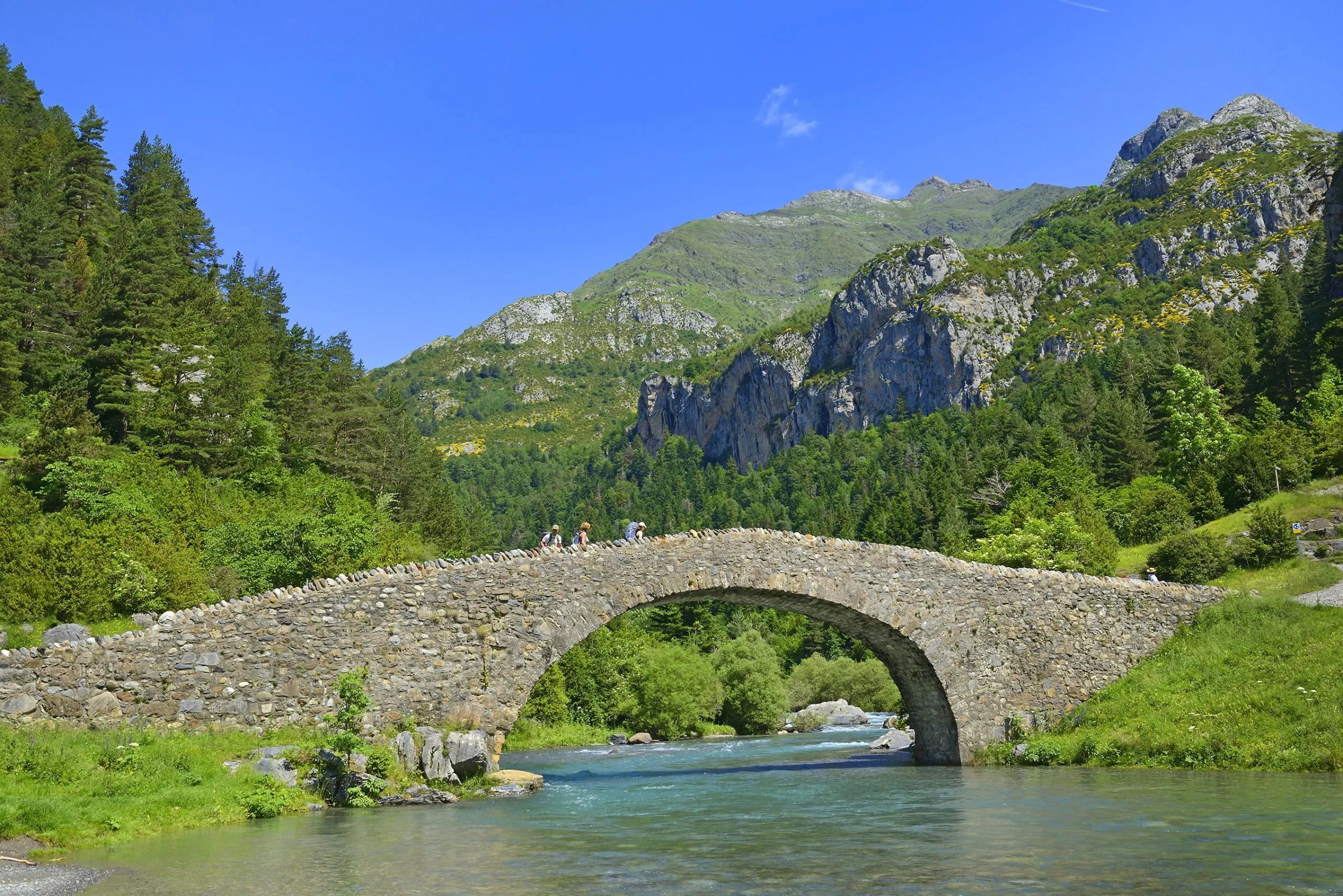 Puente románico en el valle de Bujaruelo, siglo XIII sobre el río Ara, en el Pirineo Aragonés, Huesca, España